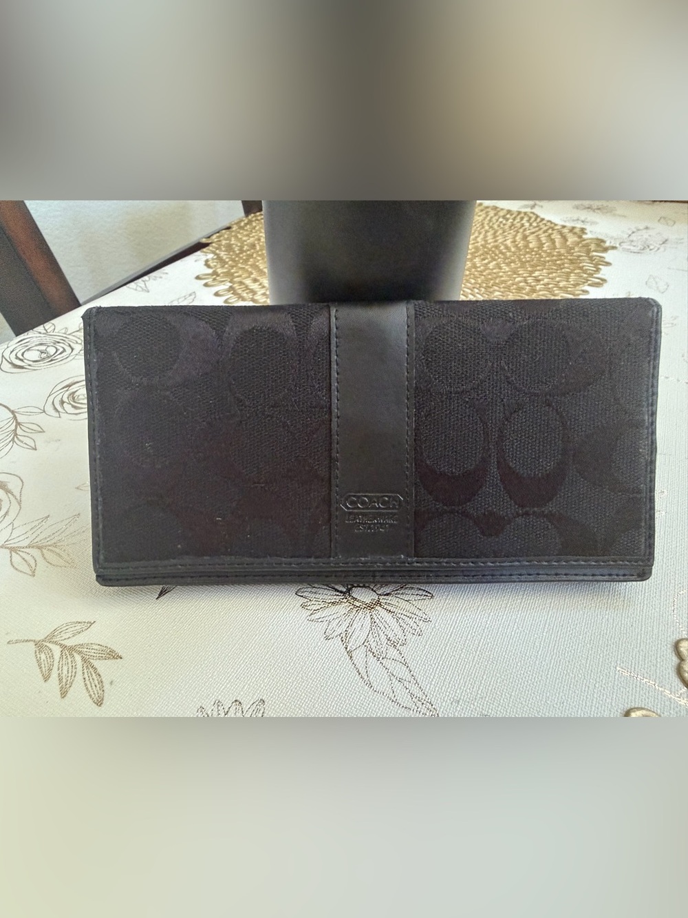 Coach Black Signature Jacquard & Leather Long Bifold Wallet Slim Checkbook